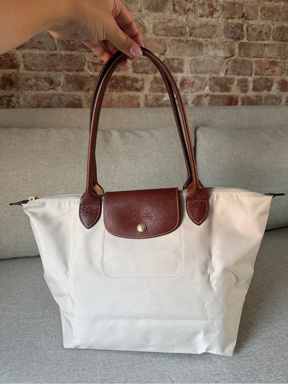 Longchamp Medium Le Pliage Nylon Tote Bag in Cream with Brown Leather Accents